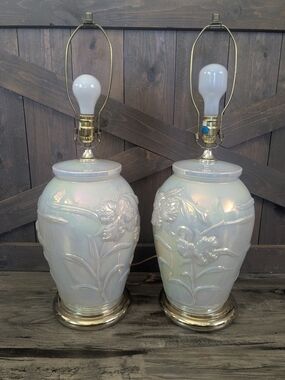 Vintage Set Of Two Iridescent White Floral Ceramic Table Lamps